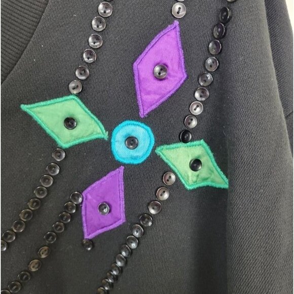 Vintage DEBRA MARTIN Black Embroidered Button Beading Pullover Sweater L - Picture 4 of 10